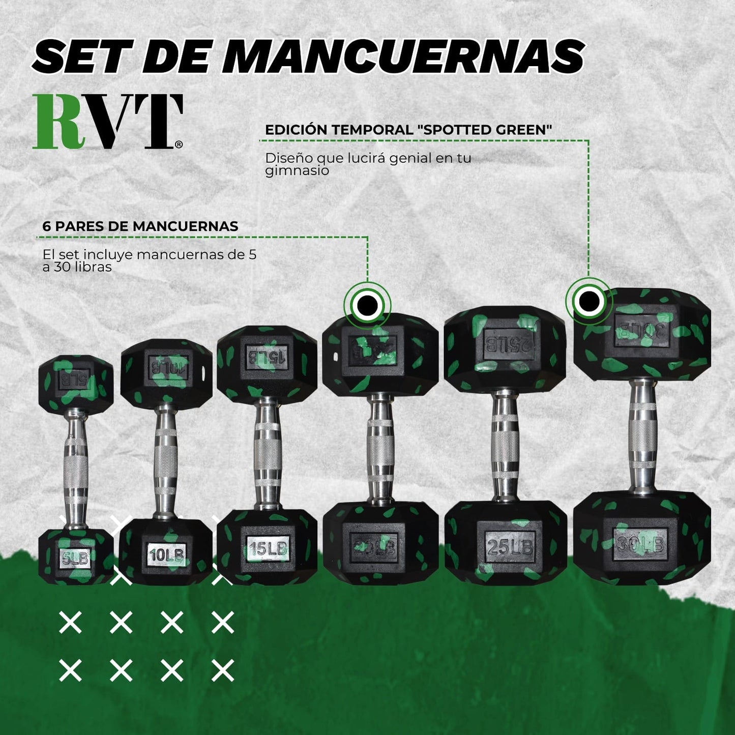 Set de Mancuernas Hexagonales Camuflaje - 5 a 30 Libras