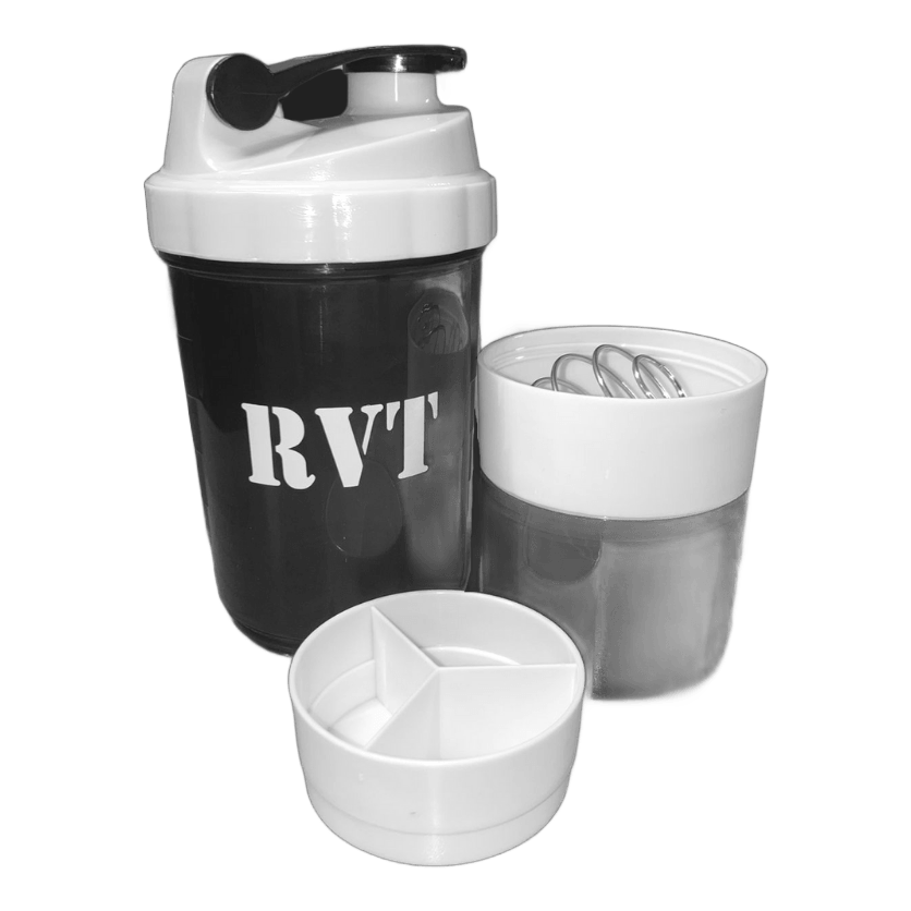 Shaker Vaso Mezclador RVT 3 en 1 con Compartimentos y Pastillero | 500ml